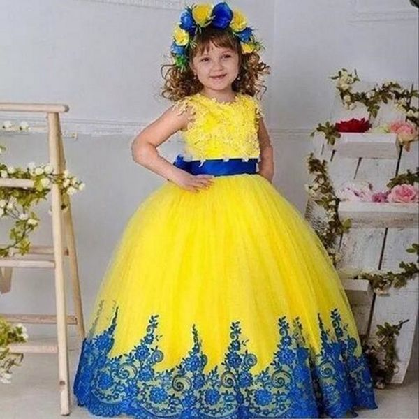 

flower girl dress kids pageant birthday formal party lace long dress bowk not first communion dress prom gown, White;blue