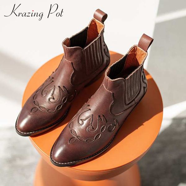 

krazing pot new arrival 2019 genuine leather totem prints leather med heels round toe punk design western cowboy ankle boots l96, Black