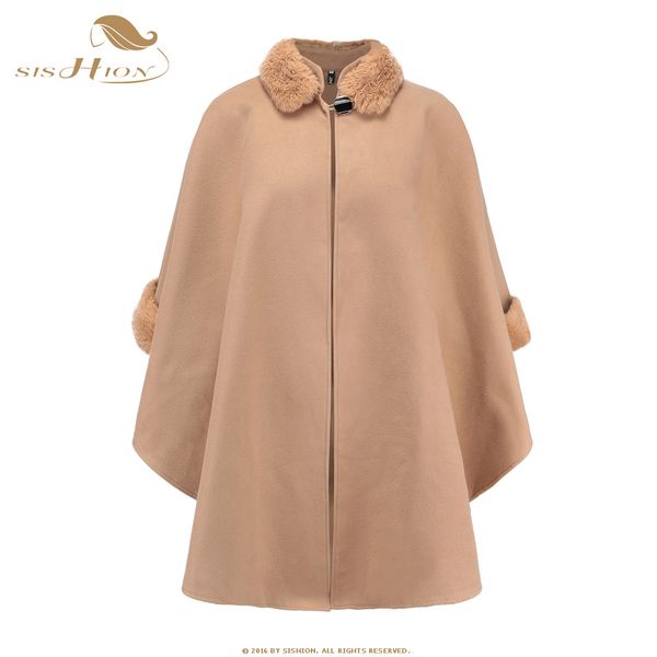 

sishion vintage 2019 autumn winter womens cloak fur collar plus size qy0329 wool blends coat long coats outerwear, Black