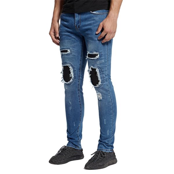 

motocycle mens designer jeans fashion ripped panelled slim pencil pants with patchwork casual mens solid long trousers, Blue