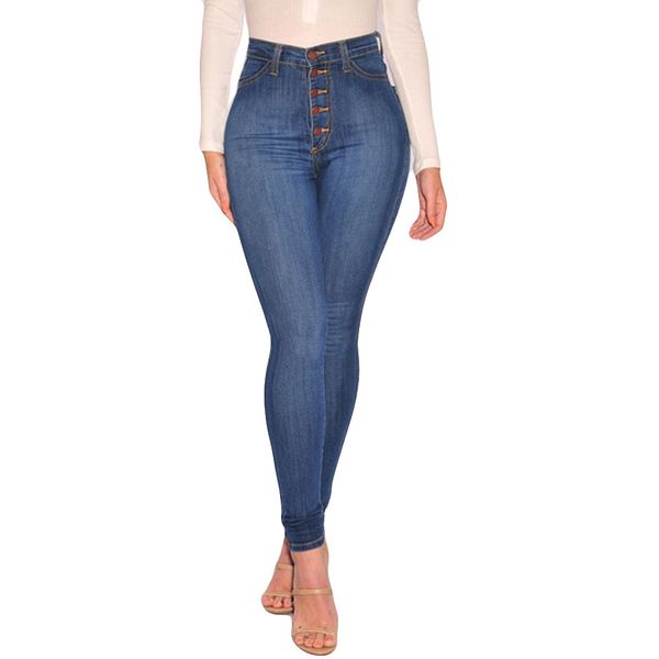 

2019 ladies jeans bravo wonderful high waisted skinny denim jeans stretch slim button pants calf length knopfhose, Blue