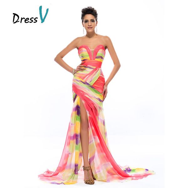 

dressv colorful print mermaid long evening dress 2019 chiffon sweetheart ruched split front formal dresses party prom gowns, White;black