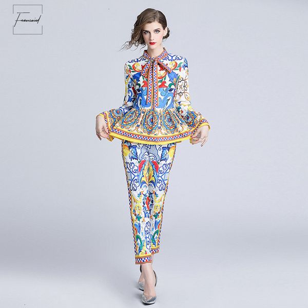 

fashion designer runway suit sets 2019 autumn pants long sleeve bow collar womens 2 piece set women, White