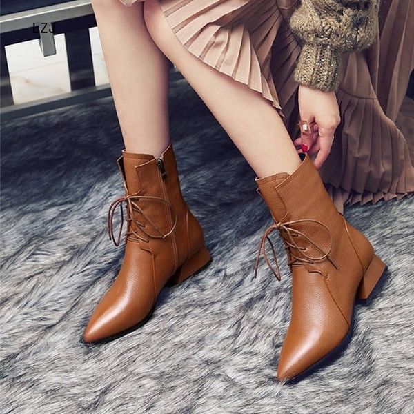 

lzj genuine leather brown pointed toe women ankle boots low heel square spring and autumn female ankle boots zapatos de mujer, Black