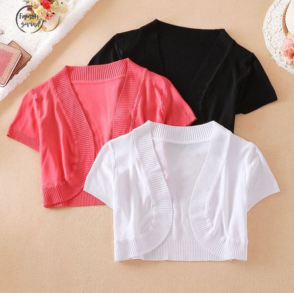 

прибытие свитер новых женщин с коротким рукавом твердые шелковый вязание shrug леди мода короткие кардиганы свитера жилет, White;black