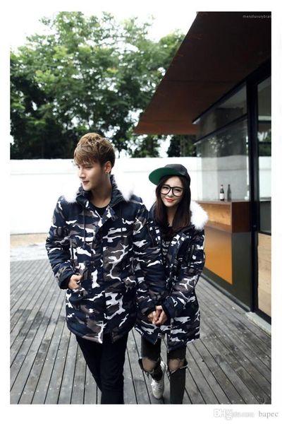

zipper fly with pocket woman winter couples matching clothes blue camouflage man cotton padded jacket, Black