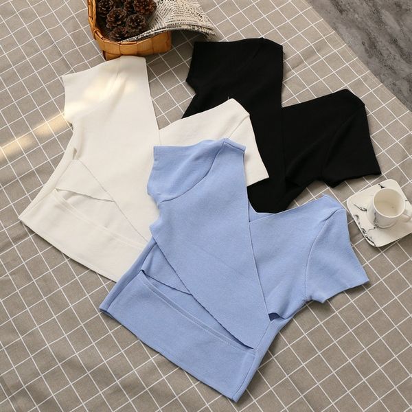 

2019 spring new arrival korean style short sleeve criss-cross v-neck knitted pullover hollowed short sweater ing, White;black