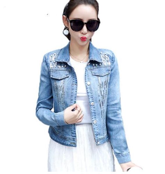 

size ladies spring denim jacket for women 2018 long sleeve chaqueta mujer slim pearl jeans jacket women sequin denim coat, Black;brown