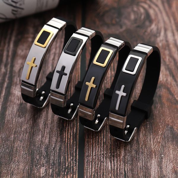 

cross bracelets for men soft silicone bangle comfort wear male jesus christ faith prayer pulseira prayer armhand jewelry, Golden;silver