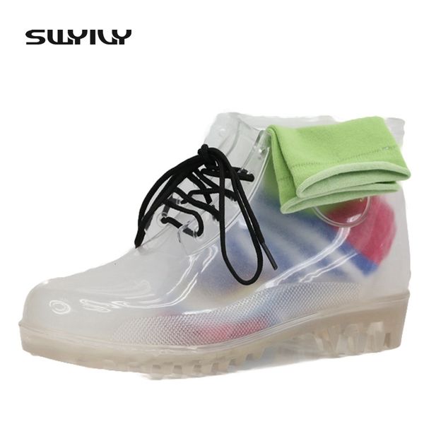 

2017 transparent women ankle rain boots with rainbow socks, woman waterproof rubber boots multi color translucent water shoes, Black