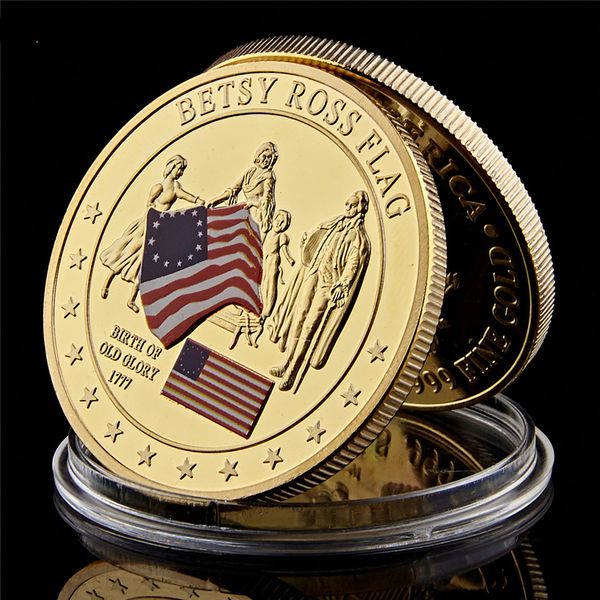 

Free Shipping 1777 American Flag Designer Betsy Ross Flag 1oz Gold Plated Souvenir Coin With Capsule Display