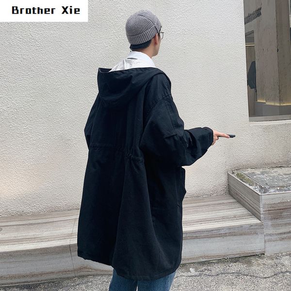 

winter new windbreaker men's fashion solid color casual long jacket man streetwear wild loose hooded windbreaker coat -2xl, Tan;black