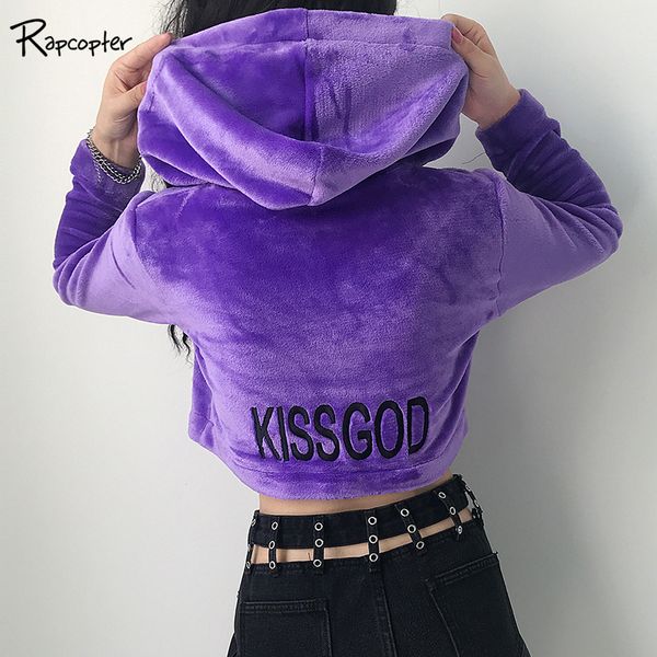 

rapcopter casual korean style female short sweatshirt autumn winter velour soft teddy hooded zip-up lady solid loose sweatshirts, Black