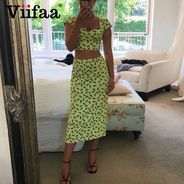 

viifaa square neck crop t shirt and midi skirt butterfly print sets women 2020 summer street wear elegant two piece set, White