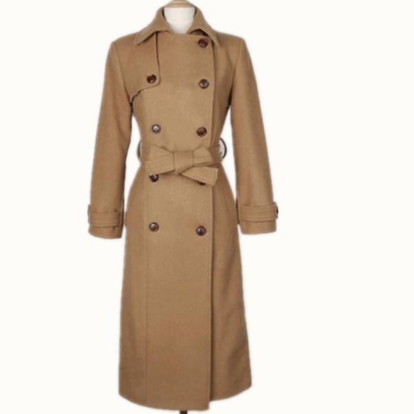 

winter women camel turn down collar long woolen coat 2019 slim double breasted long sleeve winter wool blends coat, Black