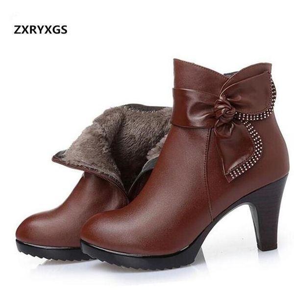 

zxryxgs brand bow women fashion shoes winter ankle boots 2018 warm wool genuine leather shoes woman snow boots high heel, Black