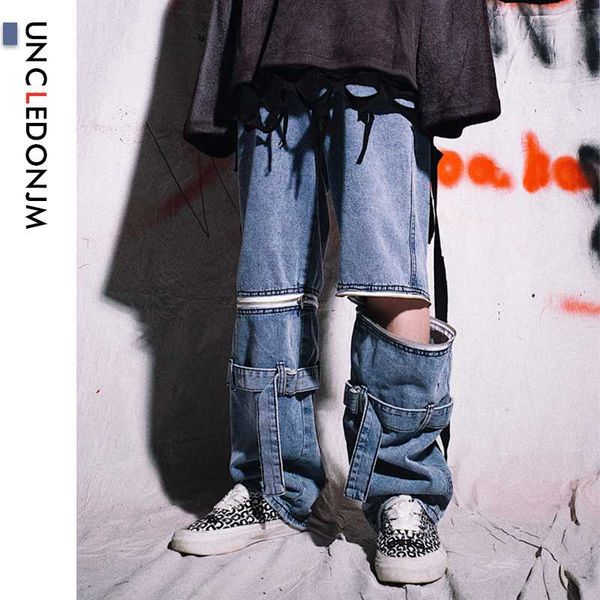 

uncledonjm 2 wear style zipper denim jeans men women hip hop loose jeans men 2019 gothic spring summer skateboard trousers, Blue