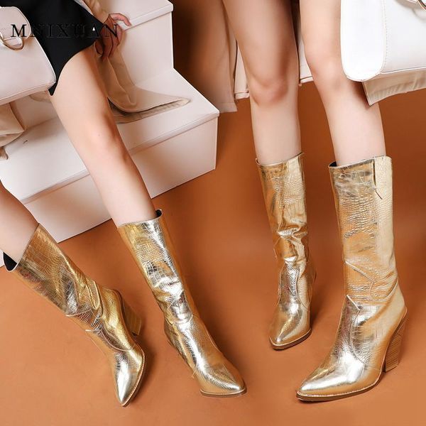 

mnixuan 2019 women shoes cowboy western boots winter pointed toe slip on warm short plush high heel brown punk knight boots gold, Black