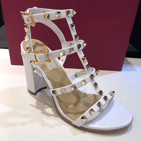 

new luxury design genuine leather women stud sandals slingback pumps ladies high heels 9.5cm fashion rivets shoes size 41 42 13 color, Black