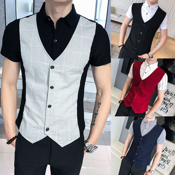 

2019 brand shirt combine man false two paper red vest men work clothes slim fit dress ing, Black;white