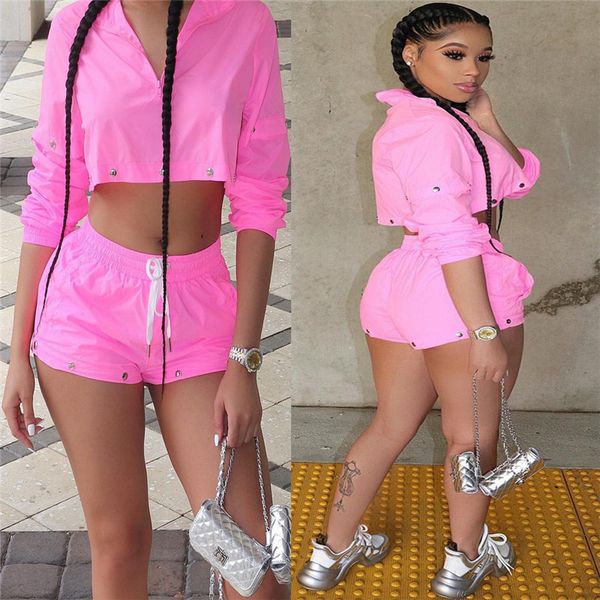 

summer womens long sleeve 2 pcs clothes ladies fashion panelled pure color suits female short pants, White