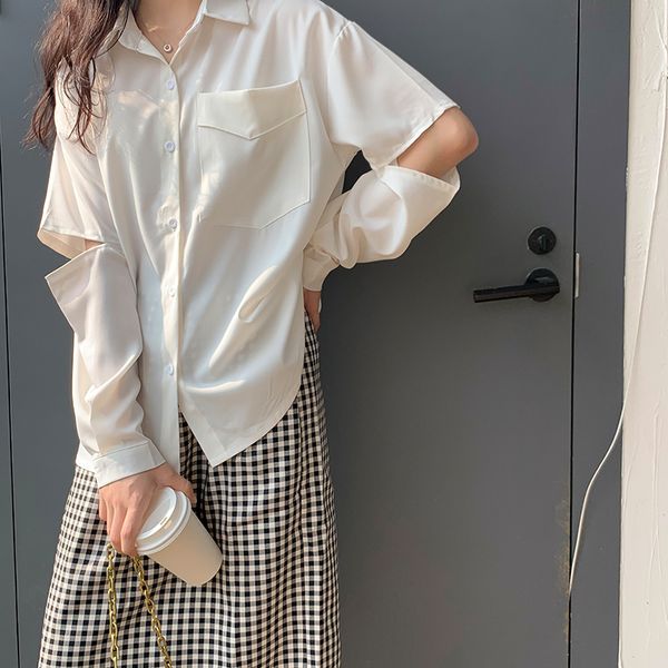 

2020 summer hollow out design loose blouse women casual streetwear loose korean style chiffon white green basic shirt female