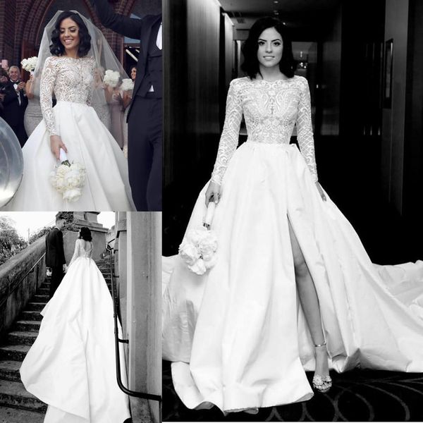 

boho 2019 white wedding dresses bateau neck long sleeves lace bridal gowns front split backless princess beach wedding dress cheap