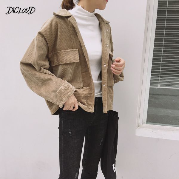 

dicloud korean corduroy short jacket women stylish autumn loose jacket female casual vintage long sleeve lapel 2019, Black;brown