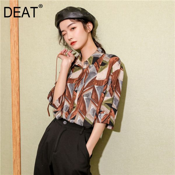 

deat] women printed mixed color blouse new lapel three-quarter sleeve loose fit shirt fashion tide spring autumn 2020 13p563, White