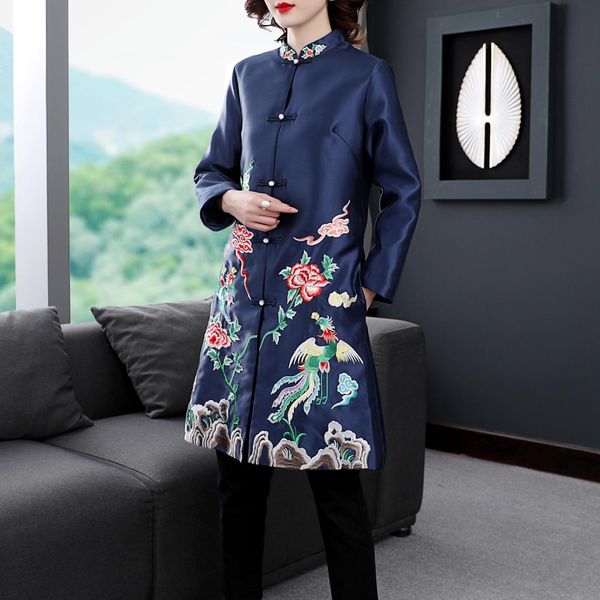 

new autumn chinese national style retro long-section phoenix and flower embroidered windbreaker outerwear jacket for women, Tan;black