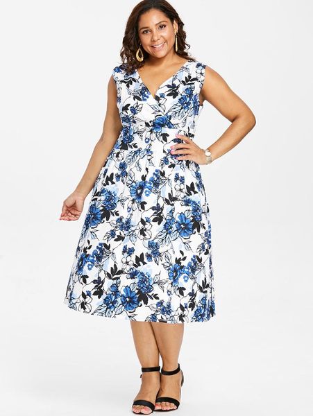 

wipalo plus size floral print vintage surplice dress v neck sleeveless high waist retro women rockabilly party dresses summer, Black;gray