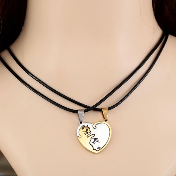 

1 pair cute cartoon cat pendant necklace couple heart necklace gold silver black animal jewelry gift for girl boys gift