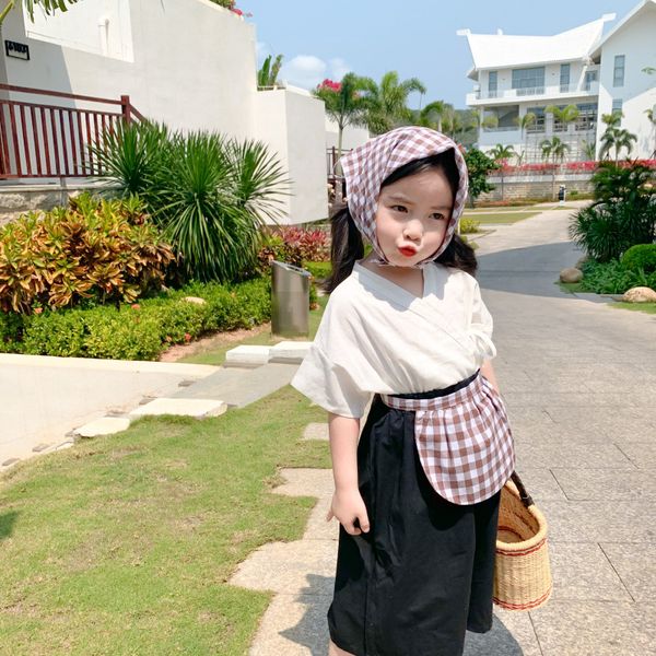 

summer new arrival korean style clothing sets four pieces classical coat with pants and plaid apron for fashion cute baby girls, White
