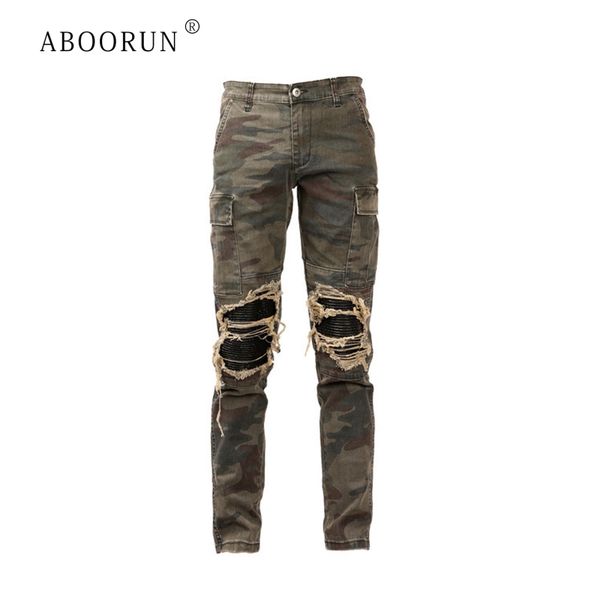

aboorun men's camouflage biker jeans pu leather patchwork ripped motor jeans multi pockets cargo pants for male r142, Blue
