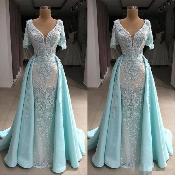 

2020 light sky blue evening dresses with detachable train v neck lace appliques mermaid prom dress short sleeve robes de soirÃ©e, Black;red