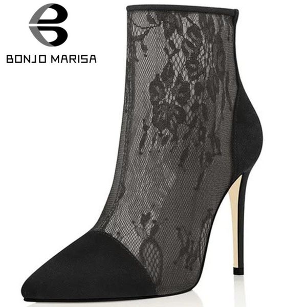 

bonjomarisa new ladies street зрелые летние сапоги прохладный вышивают mesh сапоги женщины моды остроконечные toe высокие каблуки обувь женщ, Black
