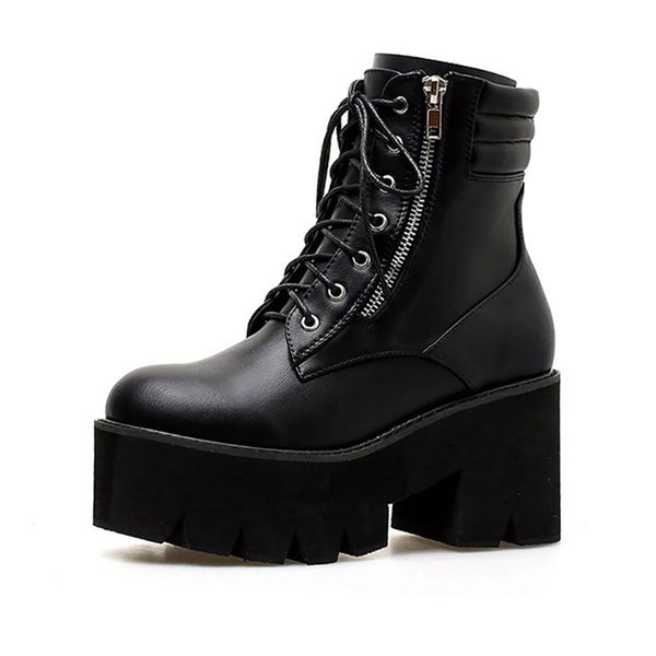

new autumn women ankle boots motorcycle plat platform lace up zip punk shoes ladies chunky high heels female fashion shoes, Black