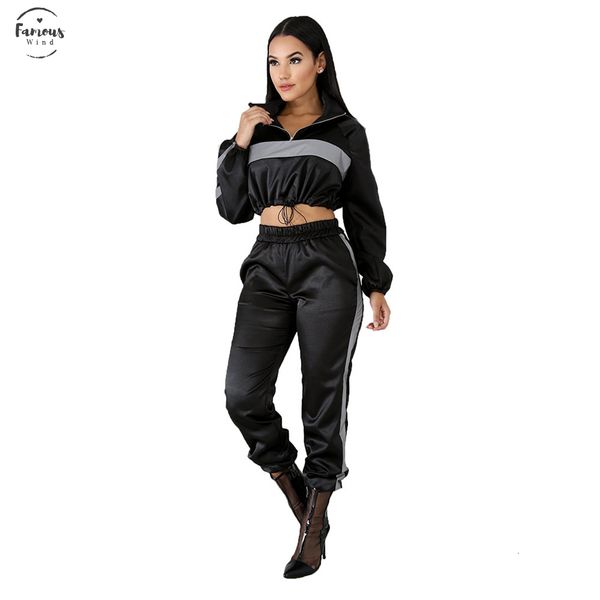 

new women long sleeve reflective patchwork turn-down skinny pencil pants two pieces sets tracksuits outfits 8031, White