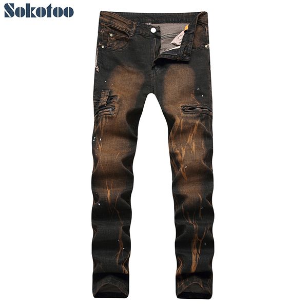 

men's vintage pockets jeans trendy plus size stretch denim painted zippers pants, Blue