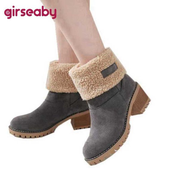 

girseaby brand women boots female winter shoes woman fur warm snow boots square heels bota feminina ankle botas mujer, Black