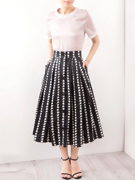 

women skirt 2019 spring summer new retro small daisies button open fluffy a-line midi skirt, Black