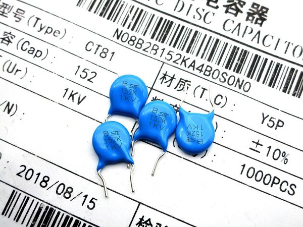 

ste blue high voltage ceramic capacitor 152k 1kv 1.5nf 1000v 10% y5p pitch 5