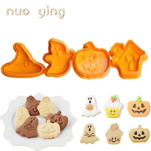 

bakeware 4pcs/1sets halloween theme plunger biscuit mold cutter plastic cookie cutter biscuit stamp mould fondant tool pastry tools