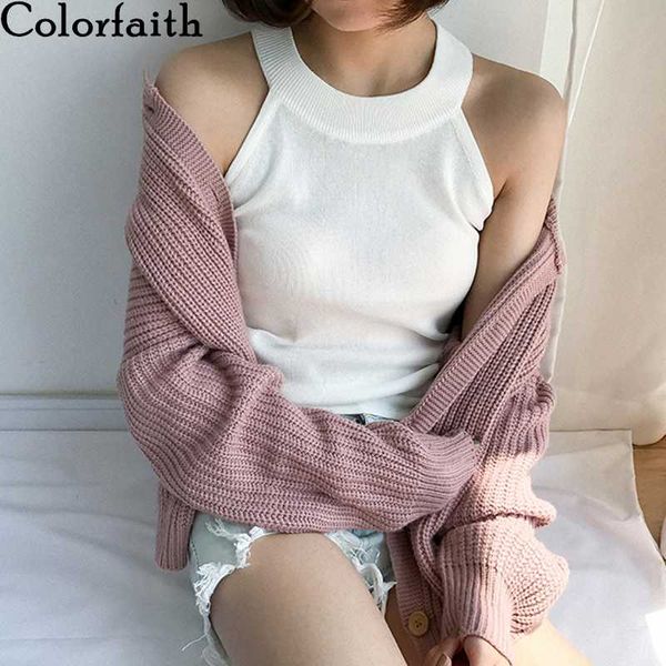 

colorfaith 2020 новая весна-лето женщин топы вязать твердые мульти цвета сексуальный танк базовых леди основывая жилет женский топы v6109, White
