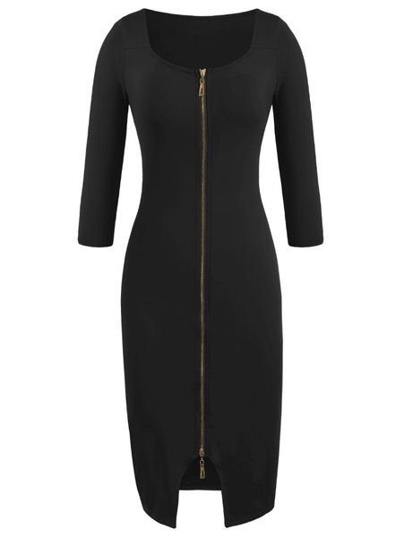 

kenancy women bodycon dress scoop neck long zip up solid color business office lady dress long sleeves feminino vestidos robe, Black;gray
