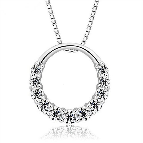 

925 sterling sliver hollow circular zircon crystal pendant neckace for women gift box chain choker, Silver