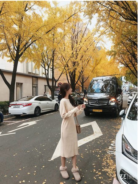 

2019 autumn and winter women's new loose long-sleeved knit dress drawstring waist net red with sweater long skirt, Black;gray