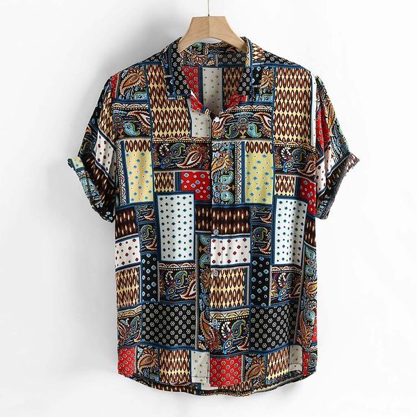 

mens vintage этническом стиле печати сыпучие с коротким рукавом стенд воротник повседневная рубашка повседневной носки высокого качества офи, White;black