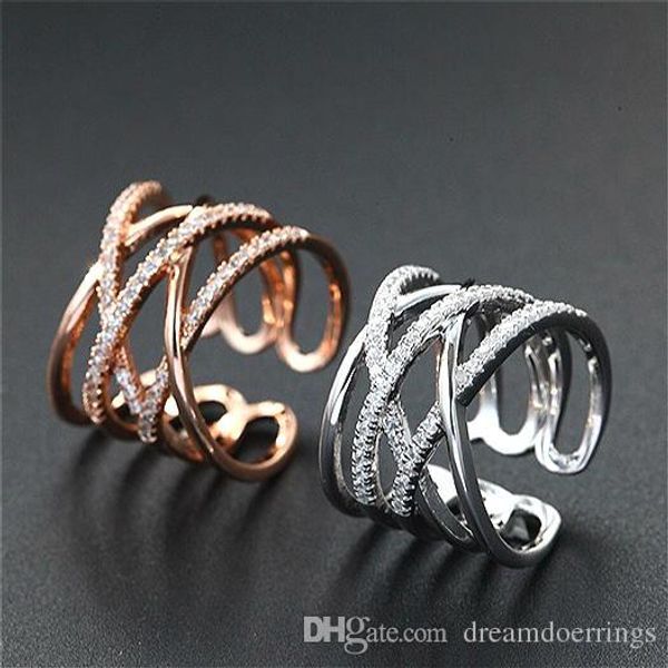

luxury multi cross loops opening end band rings with zircon diamond for women girls size adjustable shinning rings for girls, Silver