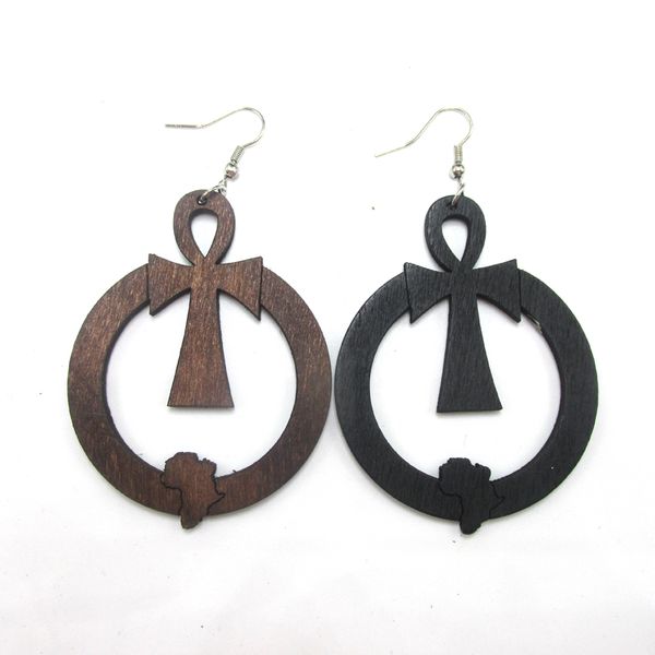 

african map ankh wood earrings, Golden;silver